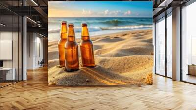 Estrella Galicia beer bottles in sand on Barcelona beach , Estrella Galicia, cerveza, beer, bottles, sand, beach Wall mural