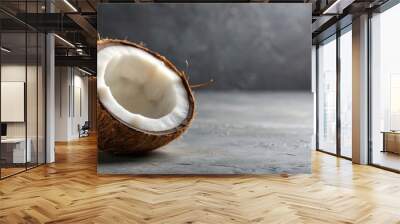 Fresh open coconut on grey background, coconut, tropical, fruit, fresh, natural, food, healthy, exotic, shell, hole Wall mural