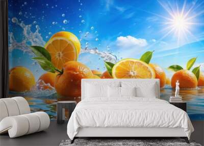 Fresh oranges floating against bright blue sky with water droplets and sunlight , fresh, ripe, oranges, floating Wall mural