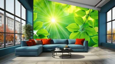 Green sunlight streaming through vibrant leaves, sunlight, green, leaves, nature, foliage, summer, brightness Wall mural