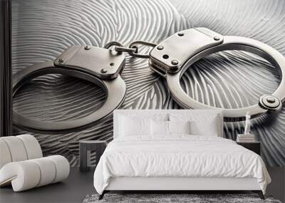 Handcuffs placed on a fingerprint card , crime, investigation, law enforcement, fingerprints, evidence, arrest Wall mural