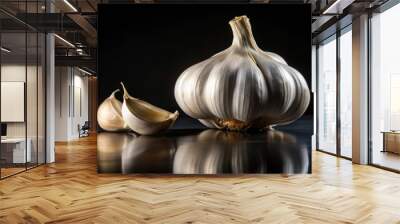 Head of garlic and pressed garlic on black background, garlic, bulb, ingredient, culinary, cooking, spice, flavor, organic Wall mural