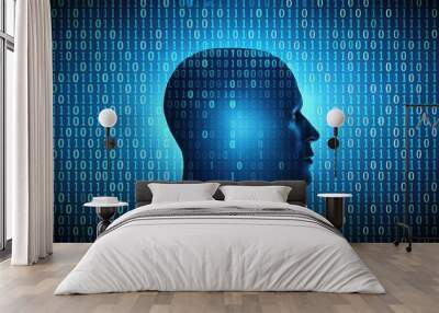 Head silhouette with binary code background, technology, digital, computer, coding, software, programming, cyber, data Wall mural