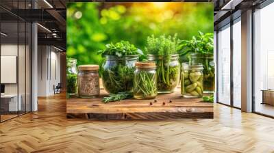 Healthy jars filled with fresh herbs on a wooden table , wellness, organic, natural, ingredients, aroma, culinary, cooking Wall mural