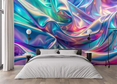 holographic background with glossy liquid iridescent effect, futuristic and trendy neon flying fabric wallpaper, holographic Wall mural