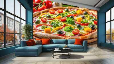 Italian pizza loaded with gooey cheese and colorful vegetables, pizza, Italian, cheese, vegetables Wall mural