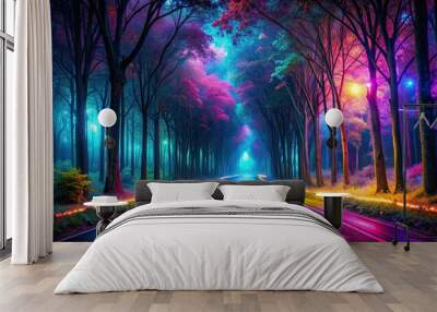 Neon forest road at night with vivid lights , neon lights, forest, road, night, scenery, vibrant, wallpaper, dark, trees Wall mural