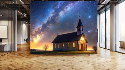 of a church glowing in the night sky with stars, church, night, lights, stars, glowing, building, architecture, religion Wall mural