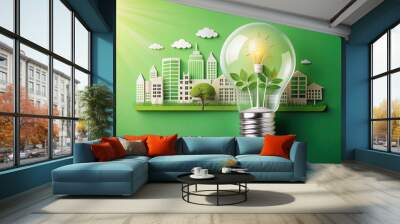 Paper cut of light bulb with green eco city, concept of renewable energy and sustainable living Wall mural