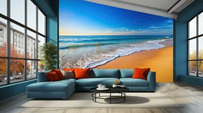 Peaceful beach scene with gentle waves and clear sky, beach, ocean, relaxation, serene, tranquility, summer, coastline Wall mural