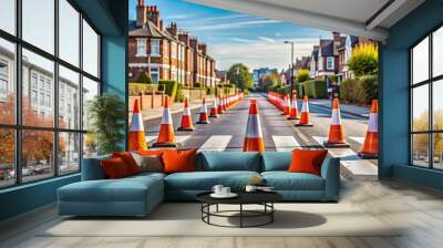 Pedestrian crossing in a residential street with cones , road markings, pedestrian crossing, street, yard, cones Wall mural