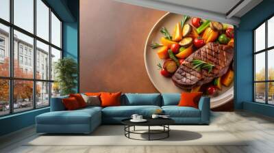 Plate of sauteed steak and vegetables against dark beige and amber background, food, meal, dinner, steak, vegetables Wall mural