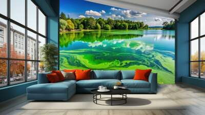 Polluted lake with toxic blue-green algae bloom , Water pollution Wall mural