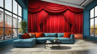 Red theatre stage curtains hanging in a dramatic setting ,  rendering, stage, theatre, red, curtains, dramatic, entertainment Wall mural