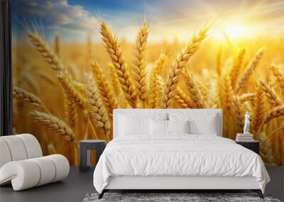 Ripe golden wheat spikelets symbolizing wealth and prosperity, Harvest, agriculture, field, growth, ripe, golden, plant, crop Wall mural