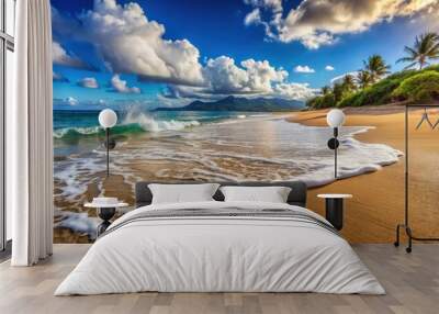 Scenic view of a wide, foamy surface sea with waves splashing on a sandy Hawaiian island shore on a sunny summer day, landscape Wall mural