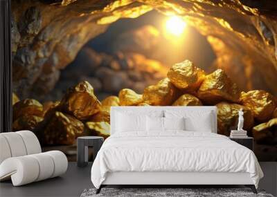 Shining gold nuggets in dark cave, gold, cave, treasure, discovery, wealth, valuable, hidden, mineral, precious Wall mural