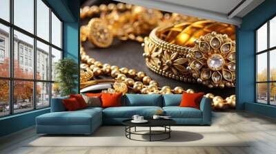 Shiny gold jewelry on a black velvet background, gold, shiny, jewelry, luxurious, elegant, precious, valuable, wealth Wall mural