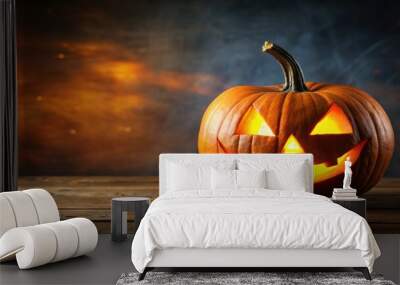 Spooky carved pumpkin glowing on Halloween night, spooky, carved, pumpkin, glowing, Halloween, night, jack-o-lantern Wall mural