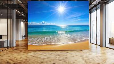 Sunny day at the beach with clear blue sea and bright sky , vibrant, sunny, view, blue sea, ocean, clear sky, beach Wall mural