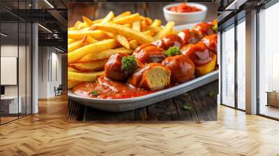 Traditional German street food dish of currywurst with curry ketchup and fries, currywurst, German food, street food Wall mural