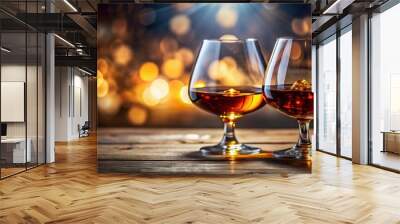 Two glasses of cognac in backlight with selective focus, cognac, drink, alcohol, glasses, backlight, selective focus Wall mural