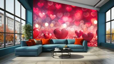 Valentines day background with red hearts bokeh decoration for romantic love holiday, Valentines day, background, hearts Wall mural