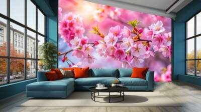 Vibrant cherry blossoms blooming in the springtime , bloom, flowers, pink, nature, beauty, petals, seasonal, garden, tree Wall mural