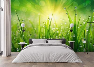 Vibrant green grass background with dew drops, nature, vibrant, fresh, field, growth, texture, meadow, spring, greenery Wall mural