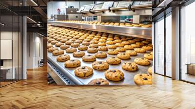 Warm chocolate chip cookies on conveyor belt in busy bakery kitchen, chocolate chip, cookies, conveyor belt, bakery, kitchen Wall mural