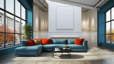 a contemporary art gallery with a single, large empty frame, strikingly illuminated by a sharp spotl Wall mural