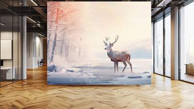 Tranquil winter deer by a frozen lake, its breath visible in the crisp air, as it gracefully moves through the snow-covered landscape under a clear sky. Wall mural