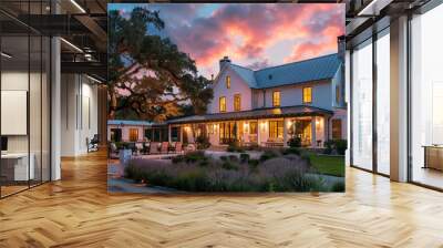 Twilight casts a magical spell on the modern farmhouse luxury home exterior, enhancing its allure and grace. --ar 16:9 --v 6.0 - Image #2 @Zubi Wall mural