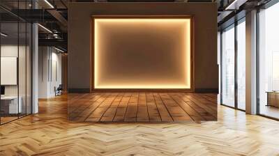 Wooden frame in an empty room illuminated by a graphite light border, set against a wooden floor. Wall mural