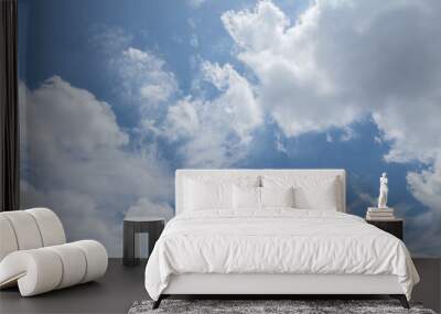 Blue sky white cloud. Outdoor cloudscape beautiful aerial view clear space day nature scenic background. Bright skyline high air fluffy environment. Horizontal sunlight scenery wallpaper background. Wall mural