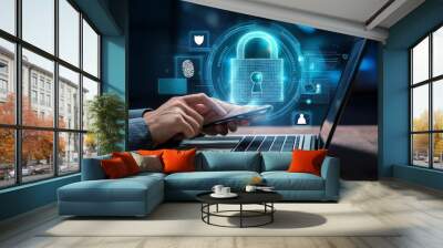 Cyber security, data protection concept. User using mobile phone and laptop computer with privacy security and data encryption system, secure internet access. Cybersecurity software technology protect Wall mural