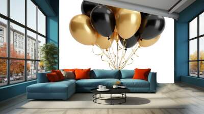 gold and black colored balloons isolated on white or transparent png for party holiday or anniversary happy birthday celebration colourful ball of air vector to celebrate with group  Wall mural