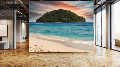 Sandy tropical beach with island on background, madives serene tropical beach with palm trees, clear blue ocean, and soft sandy shores under a bright sunny sky, perfect for a summer relaxing vacation. Wall mural