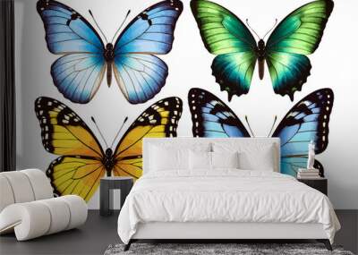 set of beautiful blue green yellow butterflys isolated on white or transparent png butterflies insect wing collection many butterfly summer animal silhouette art tropical Wall mural