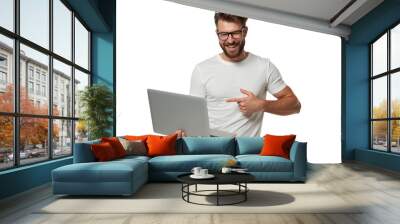 Smiling man holding and pointing at laptop on transparent background, professional young businessman or student work with PC computer for leadership or digital marketing entrepreneur success ad banner Wall mural