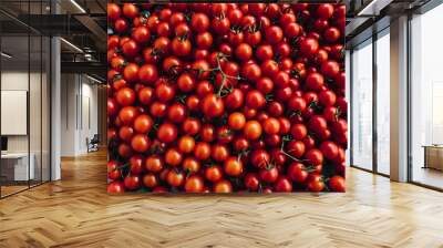 tomatoes in market The cherry tomato is a type small round tomato believed intermediate genetic admixture between wild tomatoes domesticated garden sweet tomatoes basket fresh red food background Wall mural