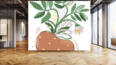 Decorative abstract illustration of potato with leaves and flowers isolated on white background. Wall mural