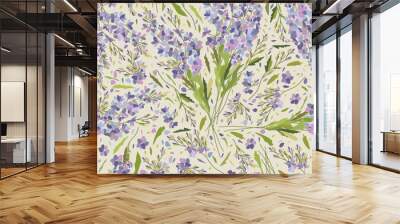 Vector seamless floral pattern with blue flowers and green leaves on light beige background. Delphinium. Soft pastel ornament. Wall mural