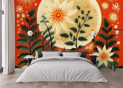 Abstract Sun Circle with White and Green Design Wall mural