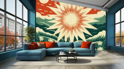 Abstract Sun Circle with White and Green Design Wall mural