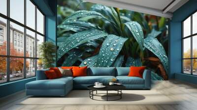 close up of green nature, texture background, some water drops, flat vector illustration Wall mural