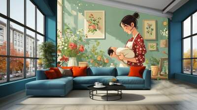 illustration of a woman taking care of a newborn baby designed using a modern flat design style, flat vector illustration Wall mural