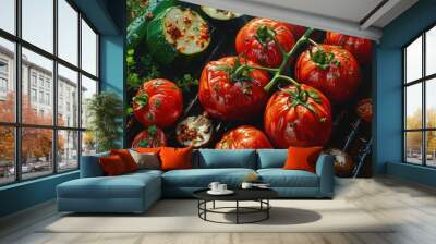 juicy tomatoes, zucchini, mushrooms with spices on grill grate, top view, light smoke Wall mural