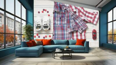 top view fashion trendy look of baby boy shirts with toy and swe Wall mural