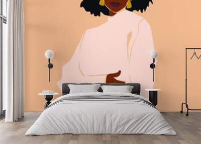 Black abstract afro woman portrait with stylish haircut wearing fashion clothes on the peachy isolated background. Trendy vector illustration. Wall mural